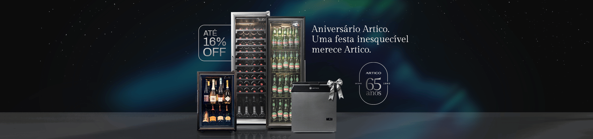 Banner linhas Artico com Champanheira Artico, Adega Artico, Cervejeira Artico, FH80 e caixa térmica