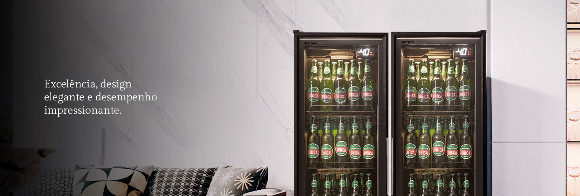 Banner Cervejeiras Artico CV200 e CVA100 com informações sobre capacidade e controle de temperatura