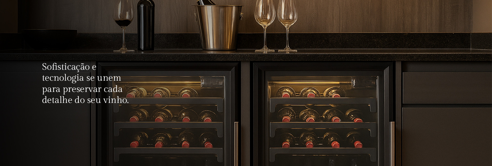 Banner Adegas AD200 e AD100 com informações sobre capacidade e controle de temperatura