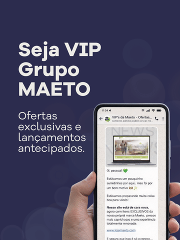 Banner do Grupo VIP Maeto exibindo celular com mensagens promocionais, destacando ofertas exclusivas e lançamentos antecipados para clientes cadastrados