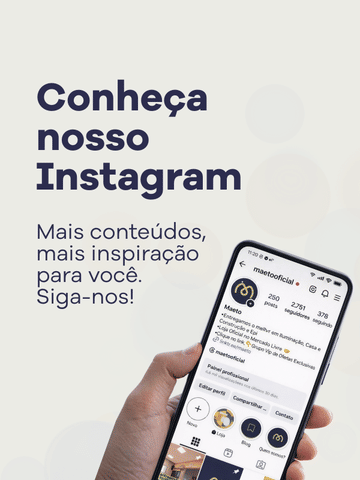 Imagem convidando o usuário a conhecer o Instagram da Maeto, com celular exibindo o perfil da marca e conteúdos de inspiração para a casa