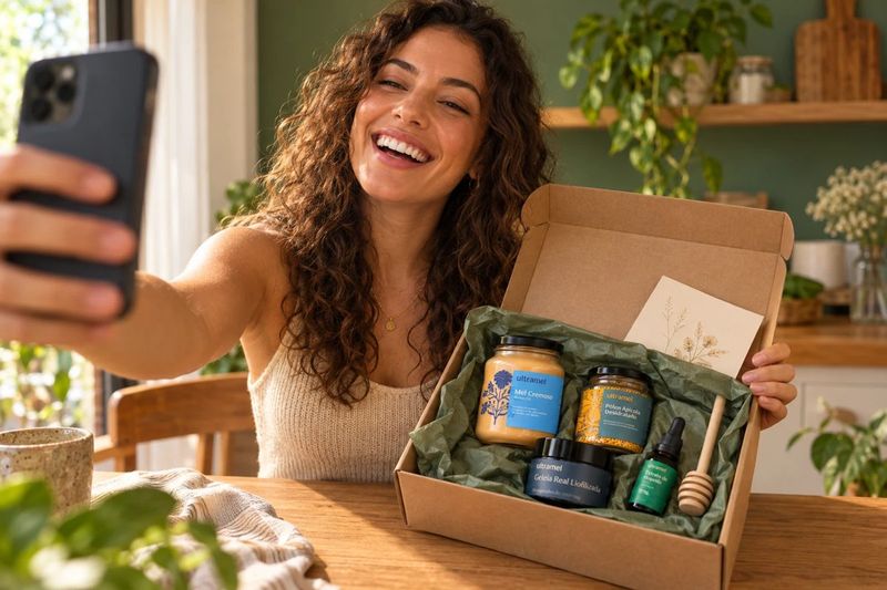 Criadora de conteúdo grava o unboxing do kit de boas-vindas Ultramel