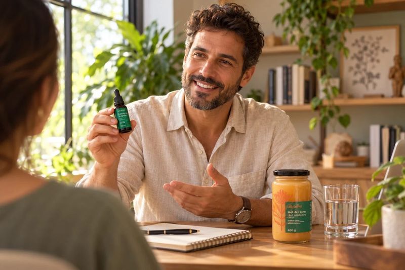 Nutricionista mostra o Extrato de Própolis Ultramel numa consulta