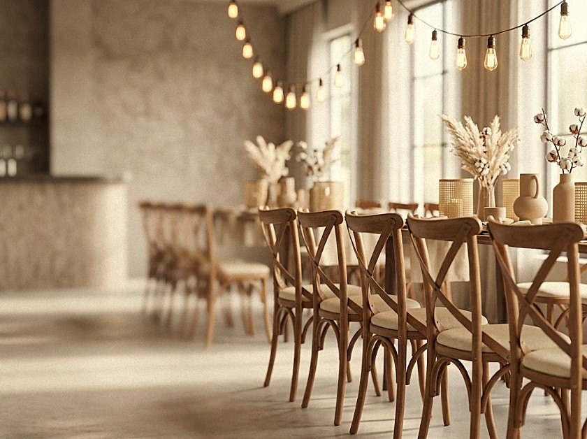Salão de eventos com cadeiras X em madeira maciça