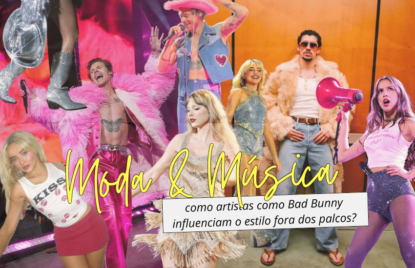 Banner Moda&Música: Como artistas como Bad Bunny e Harry Styles influenciam o estilo fora dos palcos 🎸✨