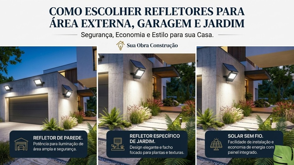 Banner Como Escolher os Refletores perfeitos  para Área Externa, Garagem, Jardim e Obra