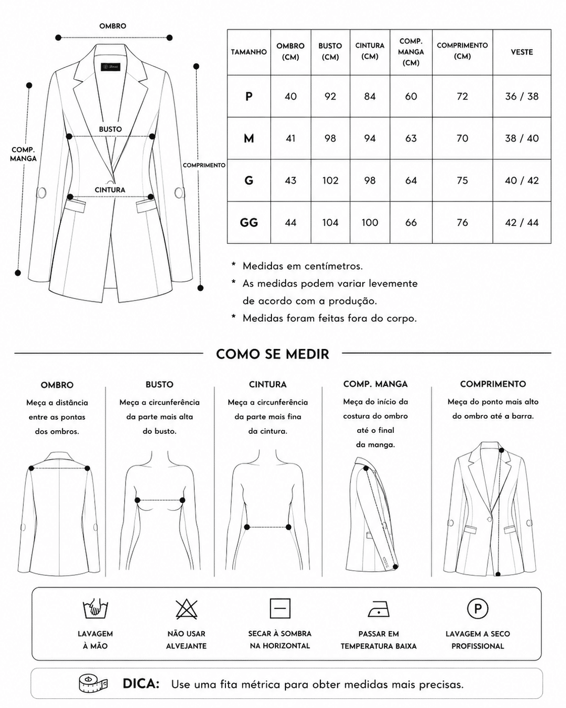 Tabela de Medidas da Jaqueta Ariana