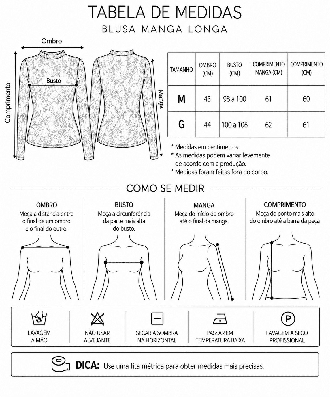 Tabela de Medidas da Jaqueta Ariana