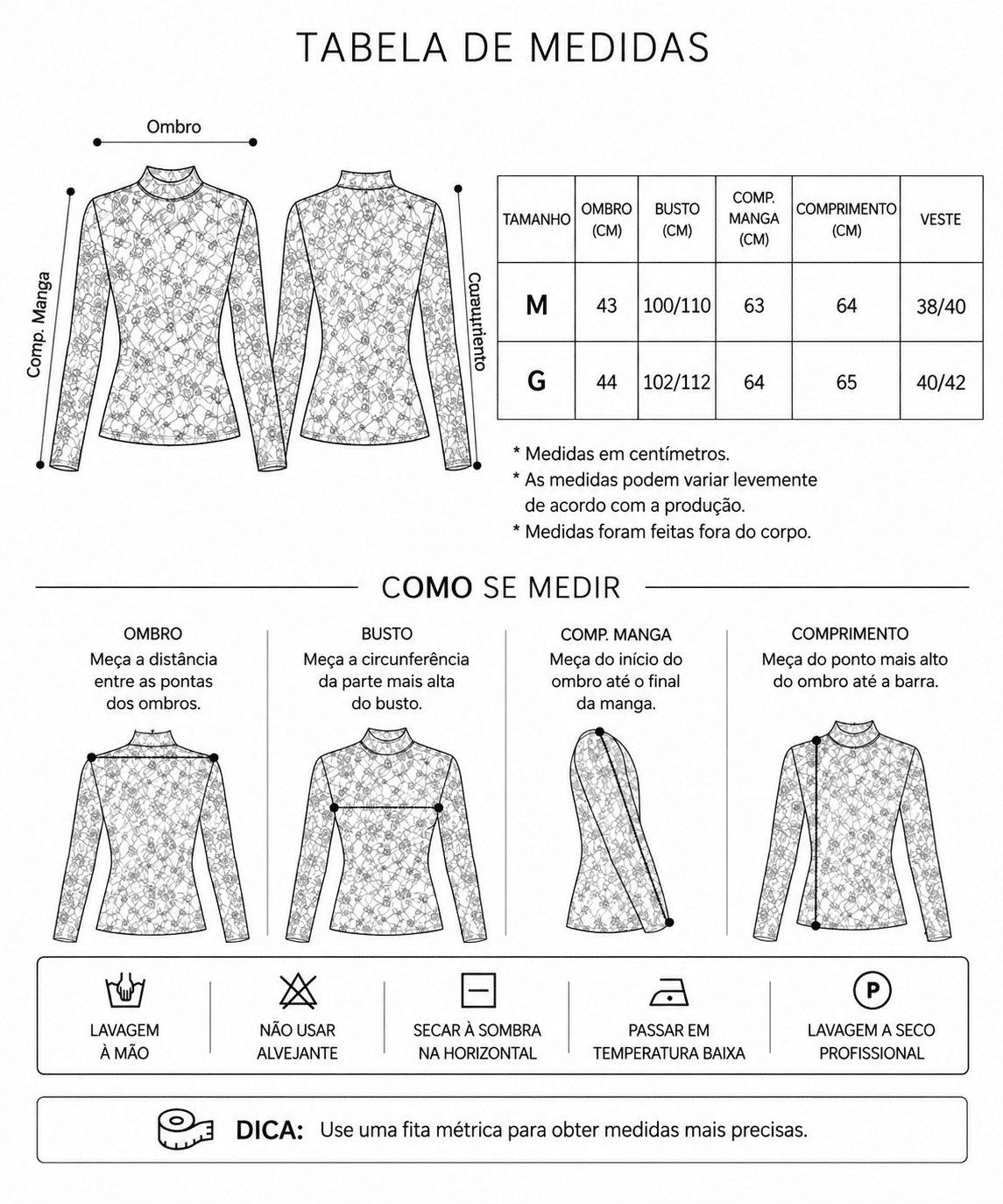 Tabela de Medidas da Jaqueta Ariana