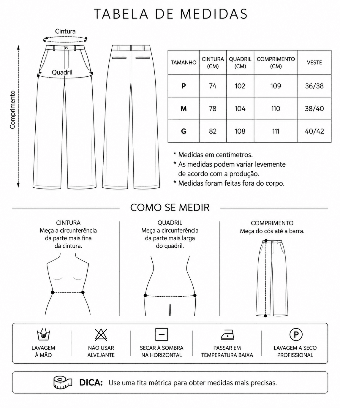 Tabela de Medidas da Jaqueta Ariana