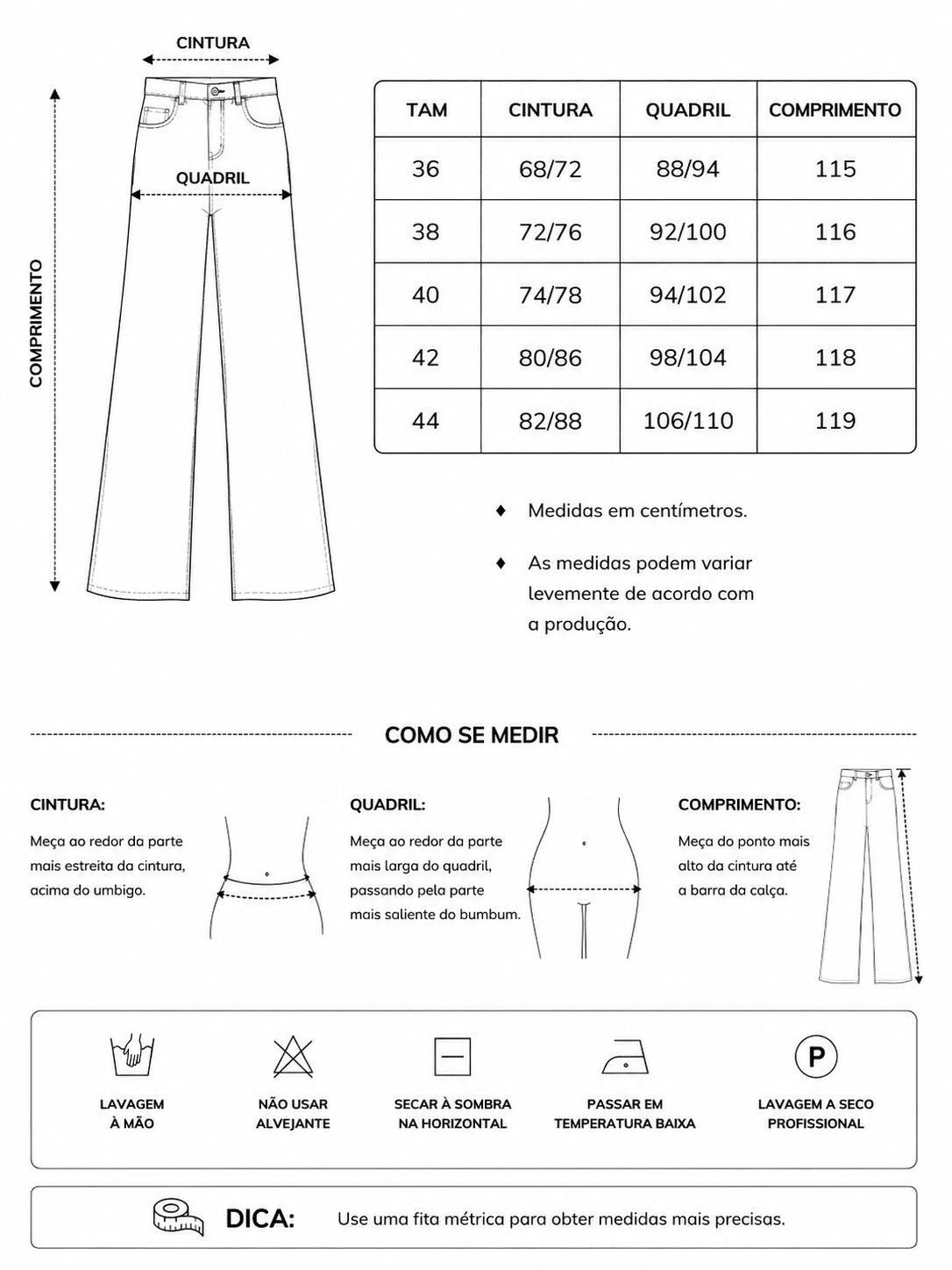Tabela de Medidas da Jaqueta Ariana