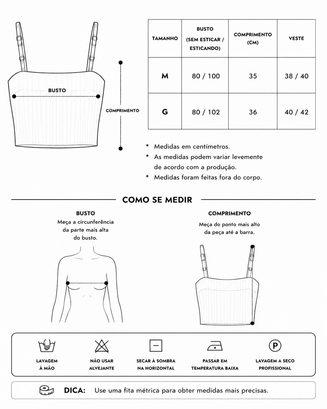 Tabela de Medidas da Jaqueta Ariana
