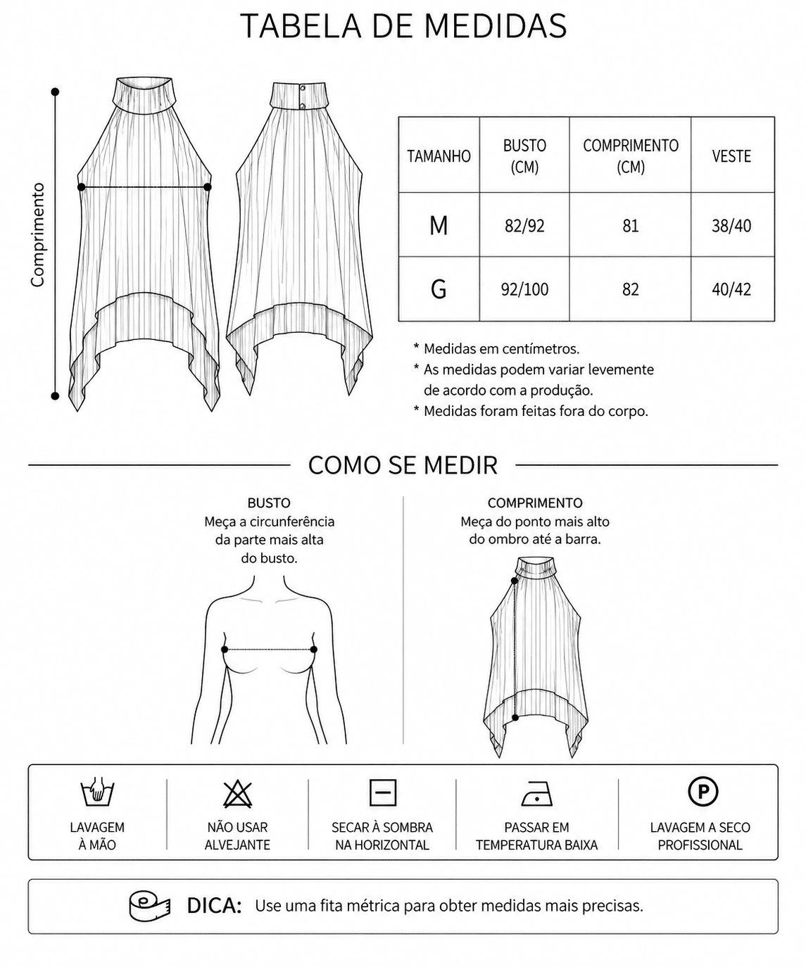 Tabela de Medidas da Jaqueta Ariana