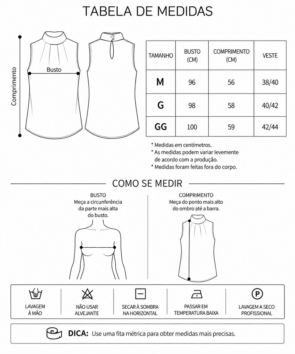 Tabela de Medidas da Jaqueta Ariana