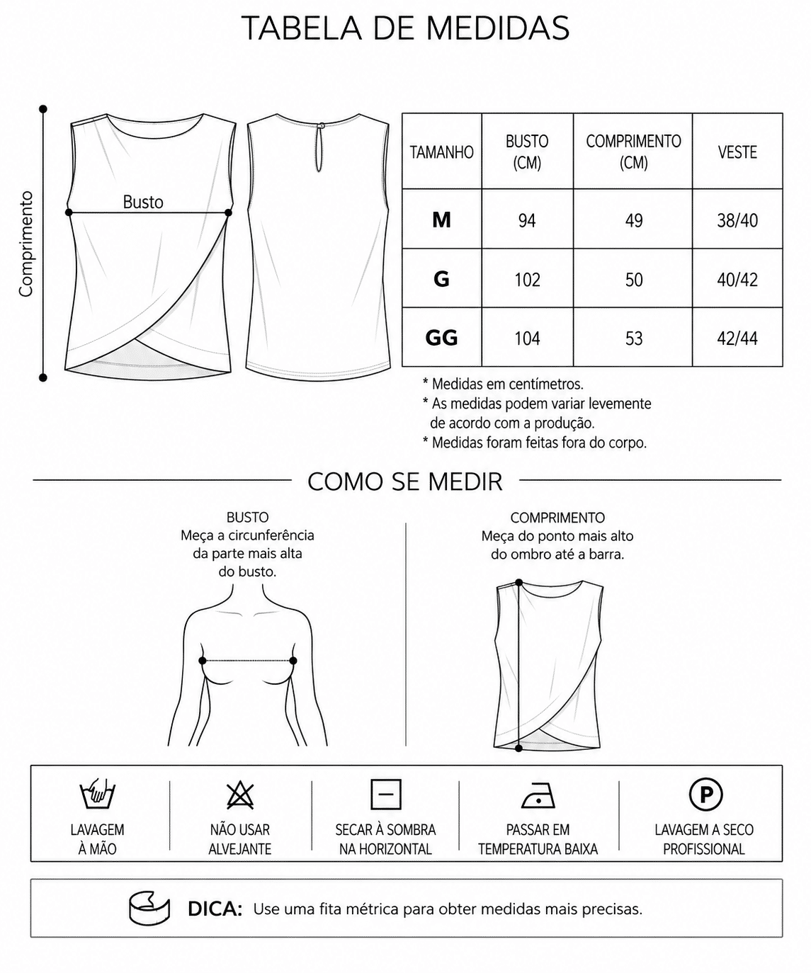 Tabela de Medidas da Jaqueta Ariana