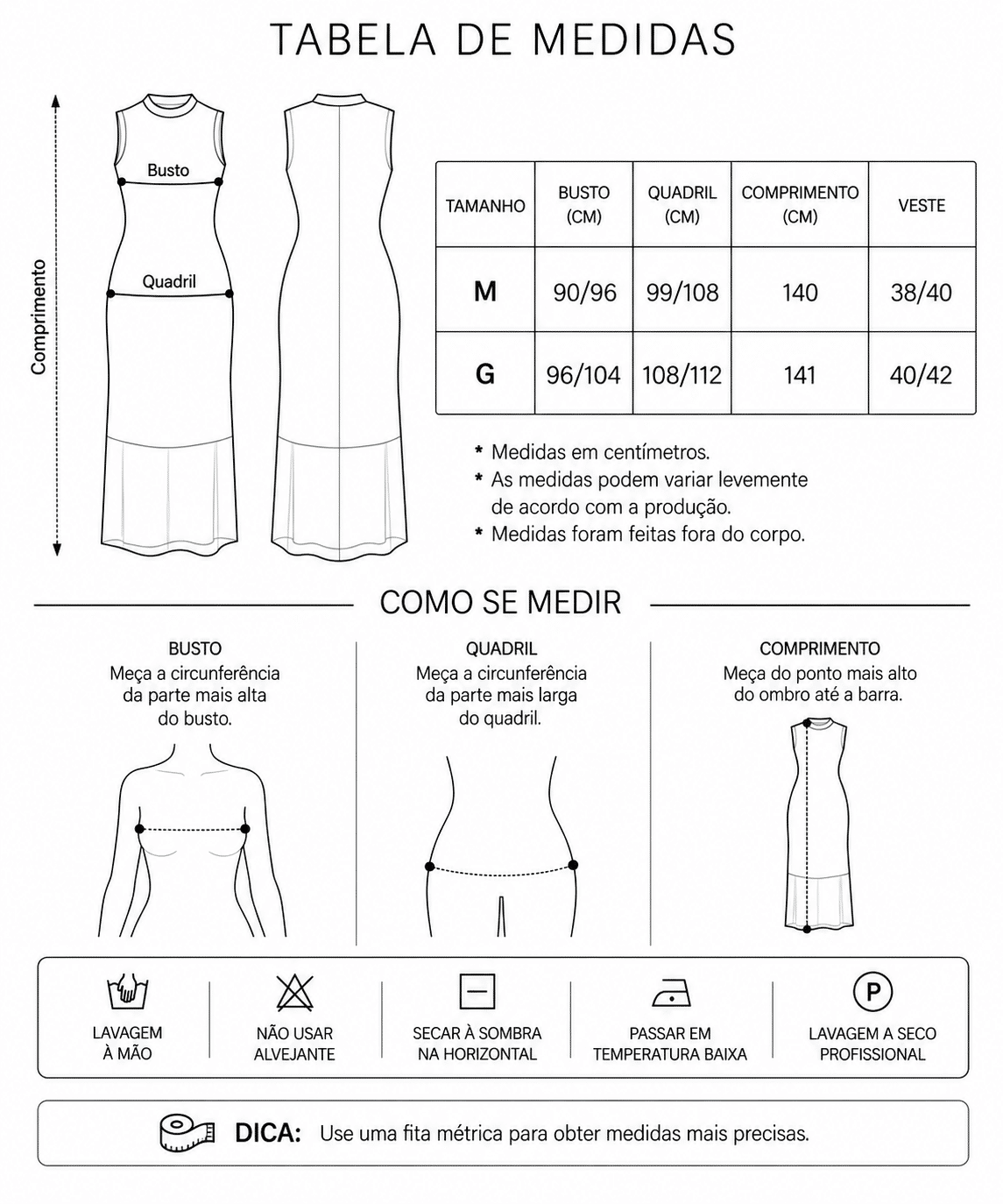 Tabela de Medidas da Jaqueta Ariana