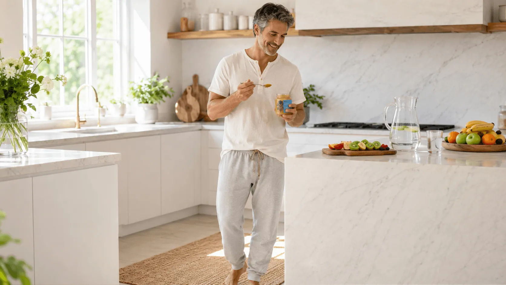 Homem de meia-idade sorrindo em uma cozinha moderna e iluminada, segurando um pote de mel e uma colher enquanto se serve diretamente do recipiente. Ao fundo, uma bancada com frutas frescas, plantas e utensílios reforçam o contexto de alimentação saudável.