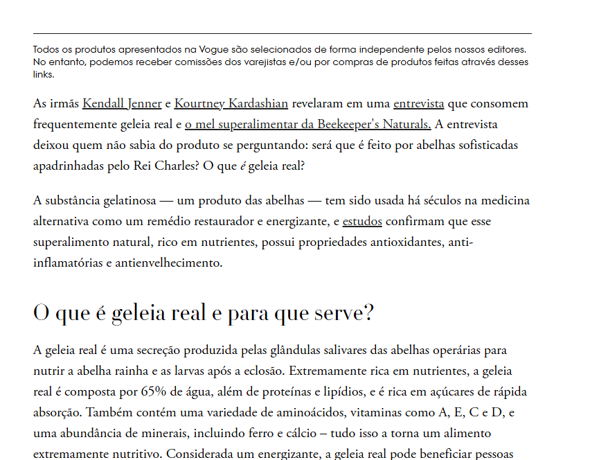 Matéria da Vogue sobre Geleia Real