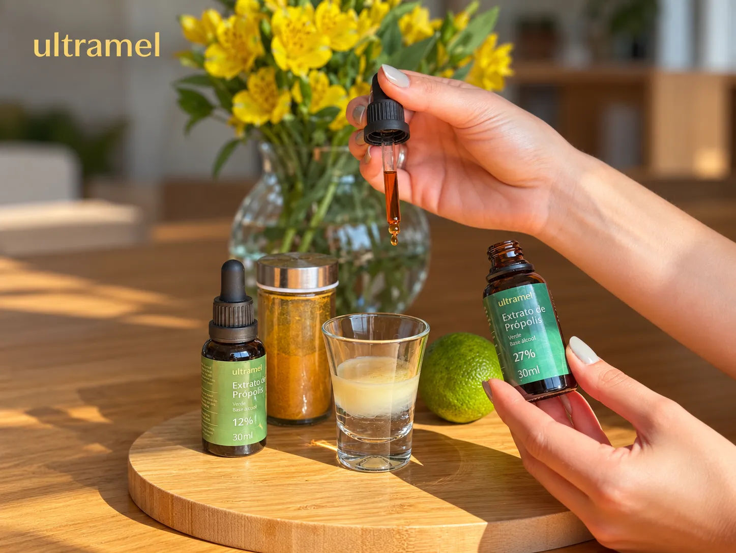 Mãos segurando frascos de Extrato de Própolis Verde Ultramel nas concentrações de 12% e 27%, com 30ml cada, enquanto gotas do extrato são adicionadas a um copo com água sobre uma mesa de madeira. Ao fundo, um vaso com flores amarelas e limões complementam a cena natural e saudável.