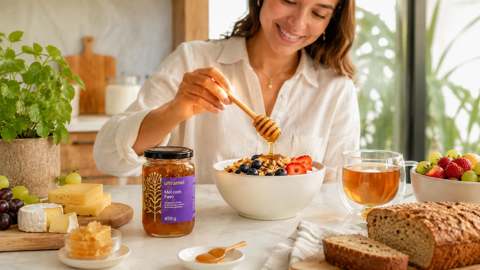 Mulher sorridente regando com mel uma tigela de granola com frutas vermelhas, ao lado de um pote de Mel com Favo Ultramel 450g sobre uma mesa com queijos, pães, uvas e uma xícara de chá.