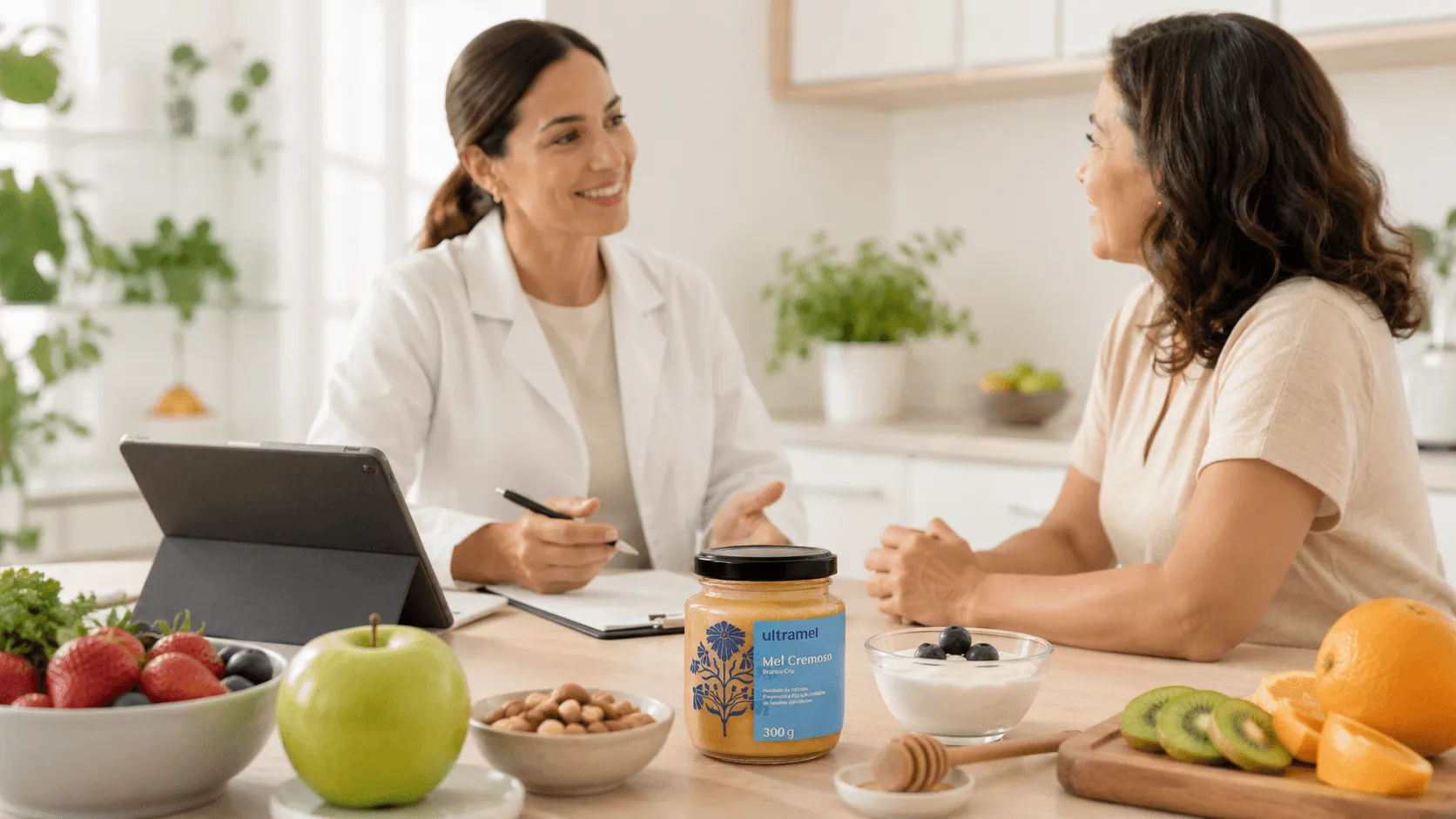 Nutricionista conversando com paciente em consultório, com frutas frescas, oleaginosas, iogurte com frutas vermelhas e um pote de Mel Cremoso Ultramel de 300g sobre a mesa. A cena ilustra uma consulta sobre alimentação saudável e o consumo consciente de mel.