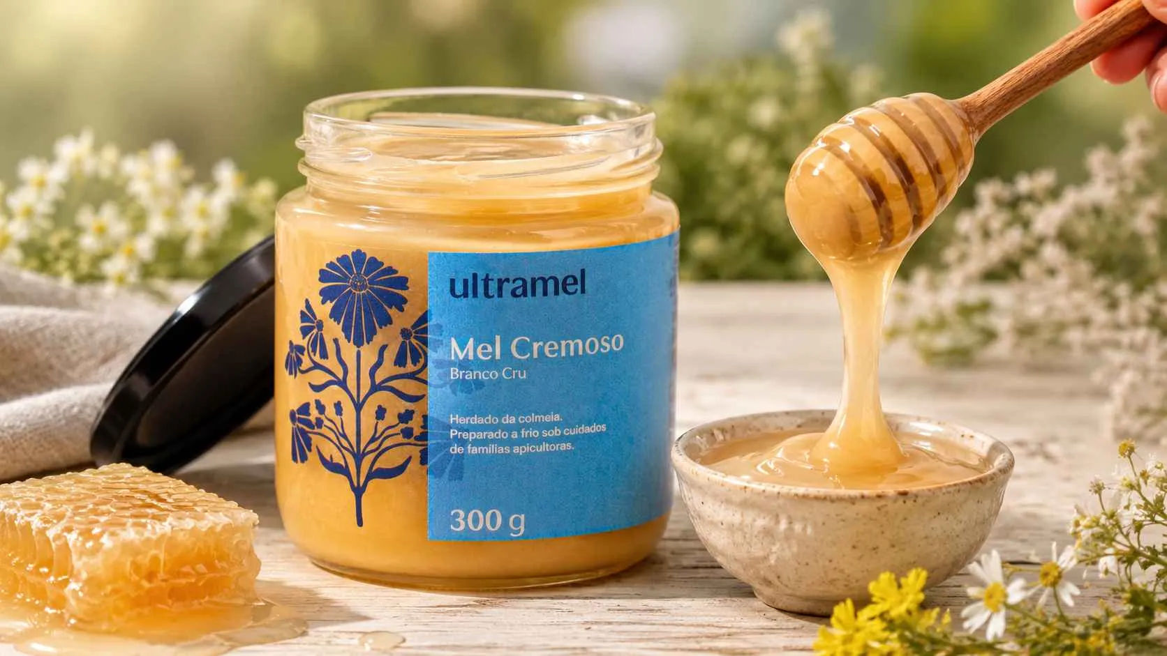 Pote aberto de Mel Cremoso Branco Cru da marca Ultramel (300g) sobre mesa de madeira, com favo de mel ao lado e uma colher de mel despejando mel cremoso em um pequeno bowl de cerâmica. Ao fundo, flores silvestres compõem o cenário natural que remete à origem artesanal do produto apícola.