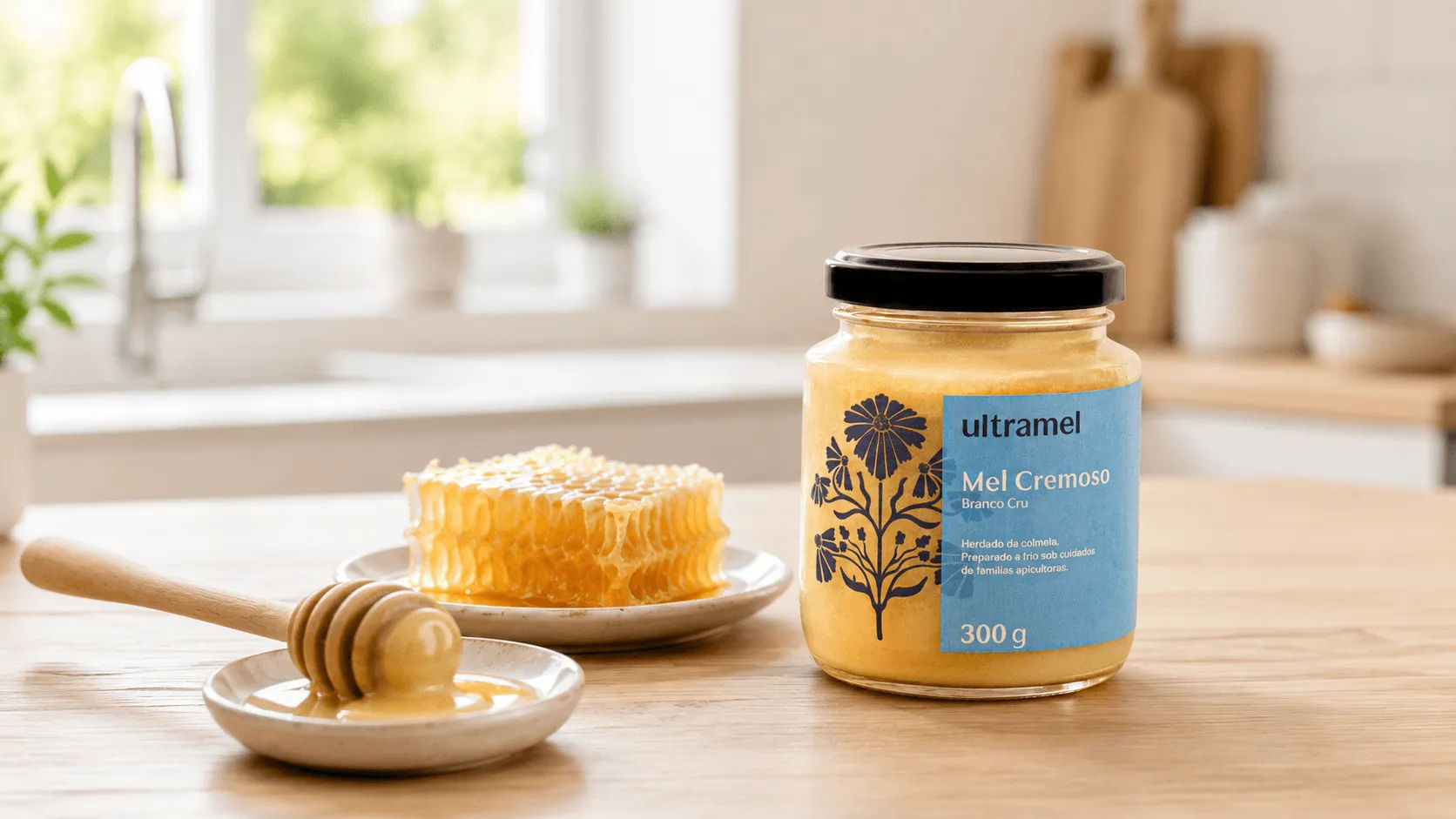 Pote de 300g de Mel Cremoso Branco Cru da marca Ultramel sobre uma bancada de madeira em cozinha iluminada. Ao lado, uma favo de mel natural em um prato branco e uma colher de mel com mel escorrendo.