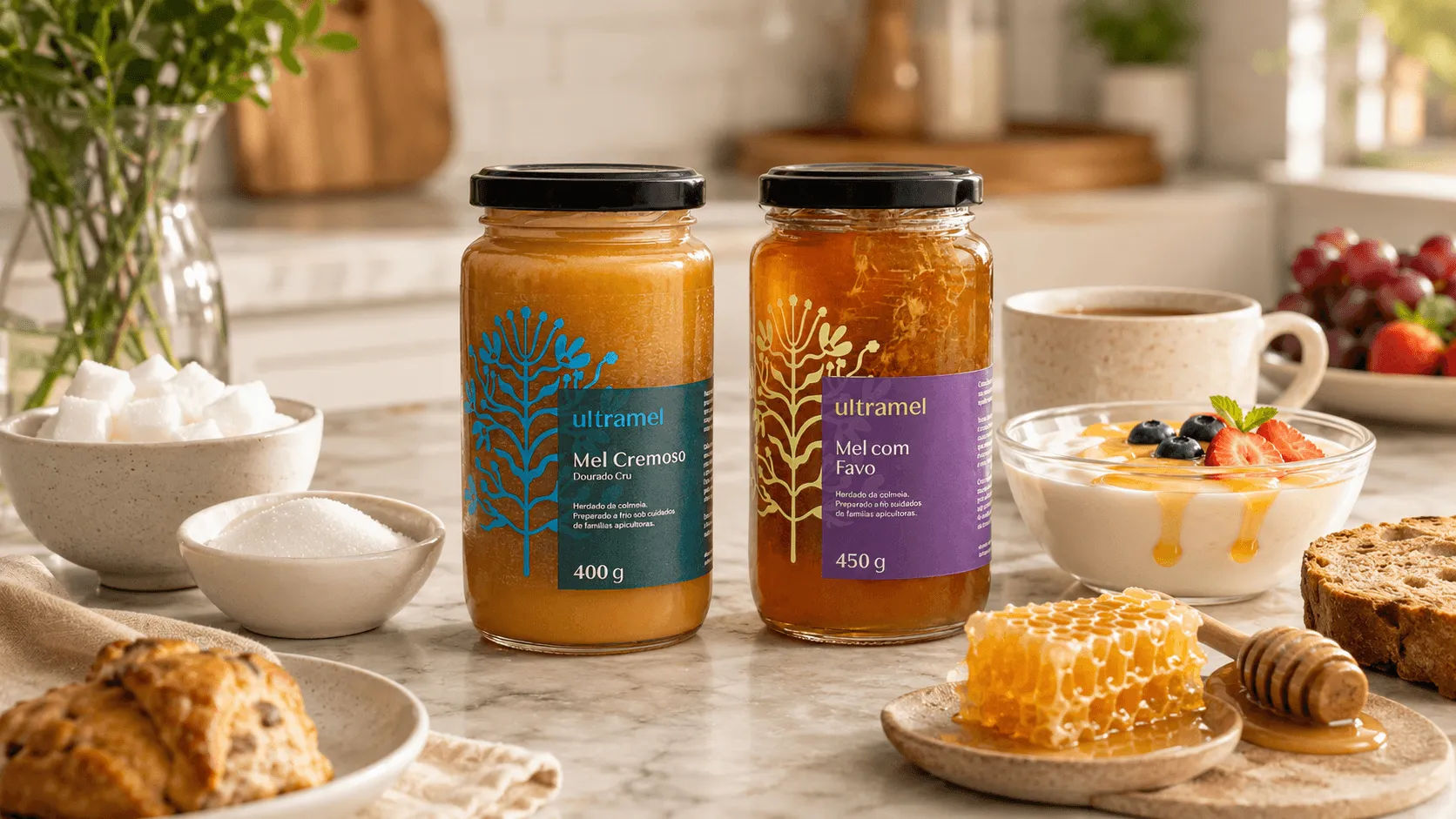 Dois potes de mel da marca Ultramel — Mel Cremoso Dourado Cru (400g) e Mel com Favo (450g) — dispostos sobre uma bancada de mármore ao lado de favo de mel natural, iogurte com frutas e tigelas com açúcar refinado e em cubo, ilustrando a comparação entre mel e açúcar como adoçantes.