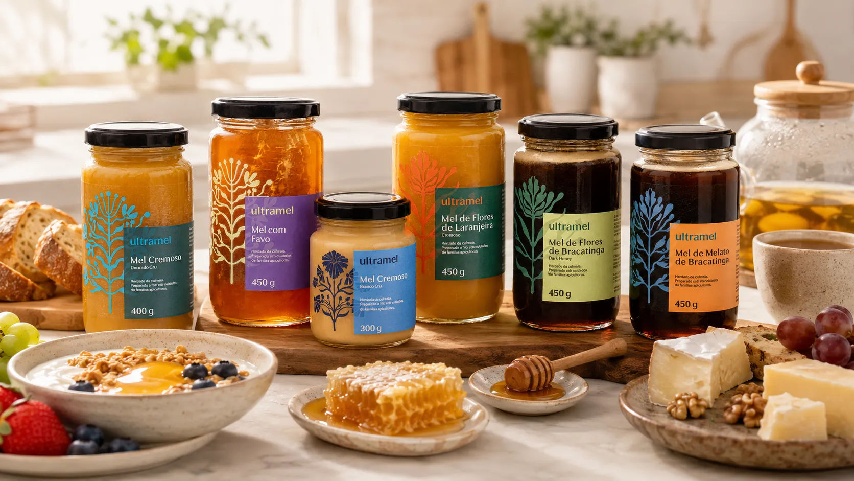 Seis potes de mel puro da marca Ultramel em diferentes variedades — Mel Cremoso Dourado Cru, Mel com Favo, Mel Cremoso Branco Cru, Mel de Flores de Laranjeira, Mel de Flores de Bracatinga e Mel de Melato de Bracatinga — dispostos sobre uma tábua de madeira. Ao redor dos frascos, há favos de mel, frutas frescas, queijo, granola com iogurte e pão artesanal, compondo uma mesa de café da manhã natural e sofisticada.