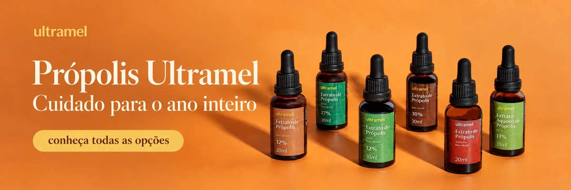 Sete frascos de extrato de própolis da marca Ultramel dispostos em fila sobre fundo laranja, com concentrações variando de 11% a 30% em versões verde, vermelha e aquosa. Os produtos de 30ml e 20ml apresentam rótulos coloridos identificando cada tipo de própolis disponível na linha.