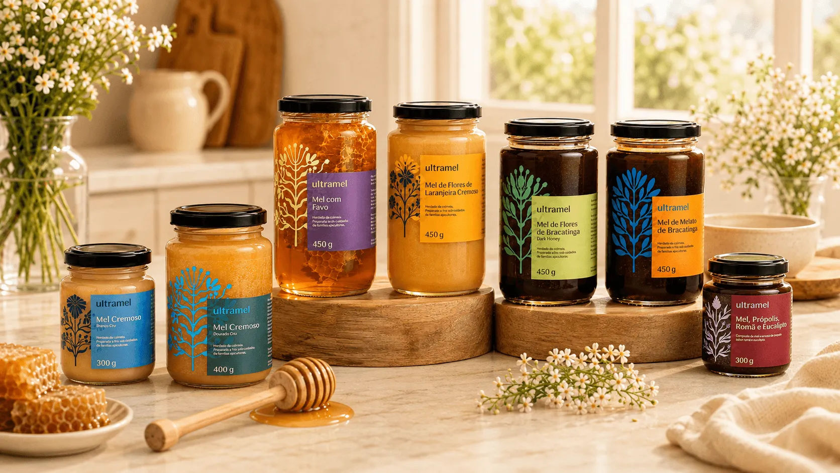 Sete potes de mel da marca Ultramel dispostos sobre uma bancada de mármore e suporte de madeira, incluindo variedades como Mel Cremoso, Mel com Favo, Mel de Flores de Laranjeira Cremoso, Mel de Flores de Bracatinga e Mel de Melato de Bracatinga. Ao redor dos produtos, há favos de mel, um favo mergulhador e flores brancas que compõem a cena.