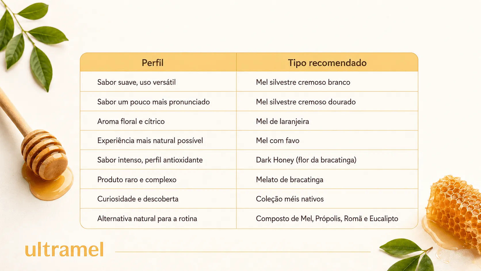 Tabela da Ultramel com oito perfis de consumidor e os tipos de mel recomendados para cada um, como mel silvestre cremoso branco para sabor suave e melato de bracatinga para quem busca um produto raro e complexo. A imagem é decorada com uma colher de mel, favo de mel e folhas verdes ao fundo.
