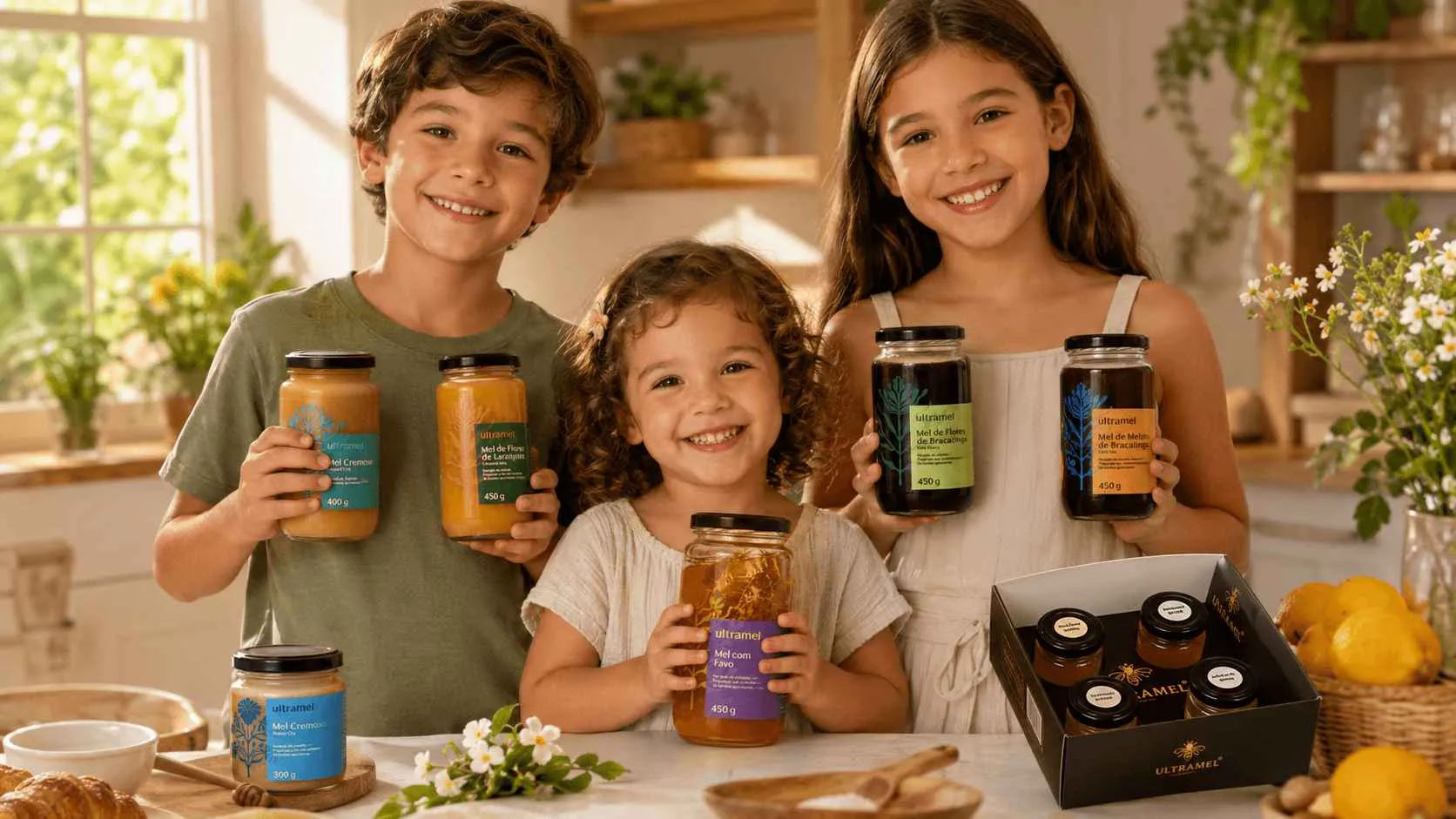 Três crianças sorridentes seguram potes de mel da marca Ultramel, incluindo Mel com Favo, Mel de Flores de Laranjeira e Mel de Flores de Bracatinga, em uma cozinha iluminada e aconchegante. Na mesa, há uma caixa presente da Ultramel com minipotes de mel e outros produtos da marca dispostos ao redor.