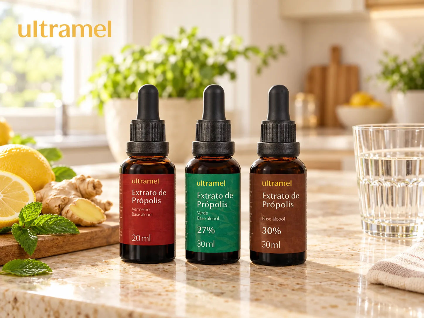 Três frascos gotejadores de Extrato de Própolis da marca Ultramel — nas versões Vermelho 20ml, Verde 27% 30ml e base álcool 30% 30ml — sobre uma bancada de mármore, ao lado de limões, gengibre e folhas de hortelã. Os produtos ilustram os diferentes tipos de própolis e suas concentrações disponíveis no mercado.