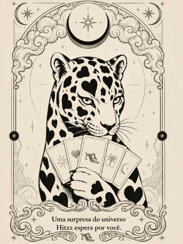 Onça ilustrada segurando cartas da campanha HITZZ