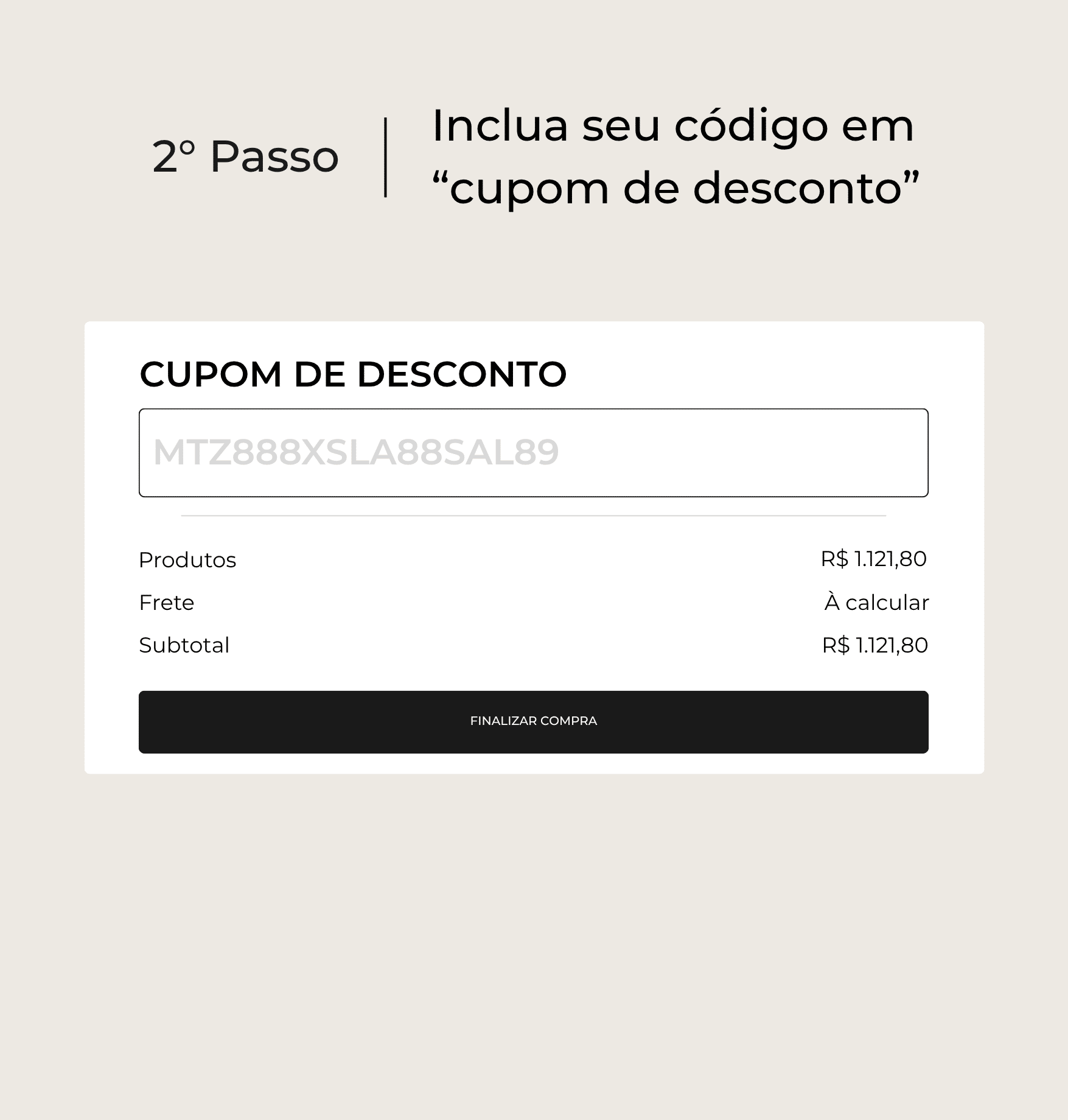 2º Passo: inclua seu código em cupom de desconto. Campo de cupom de desconto preenchido com o código do giftback