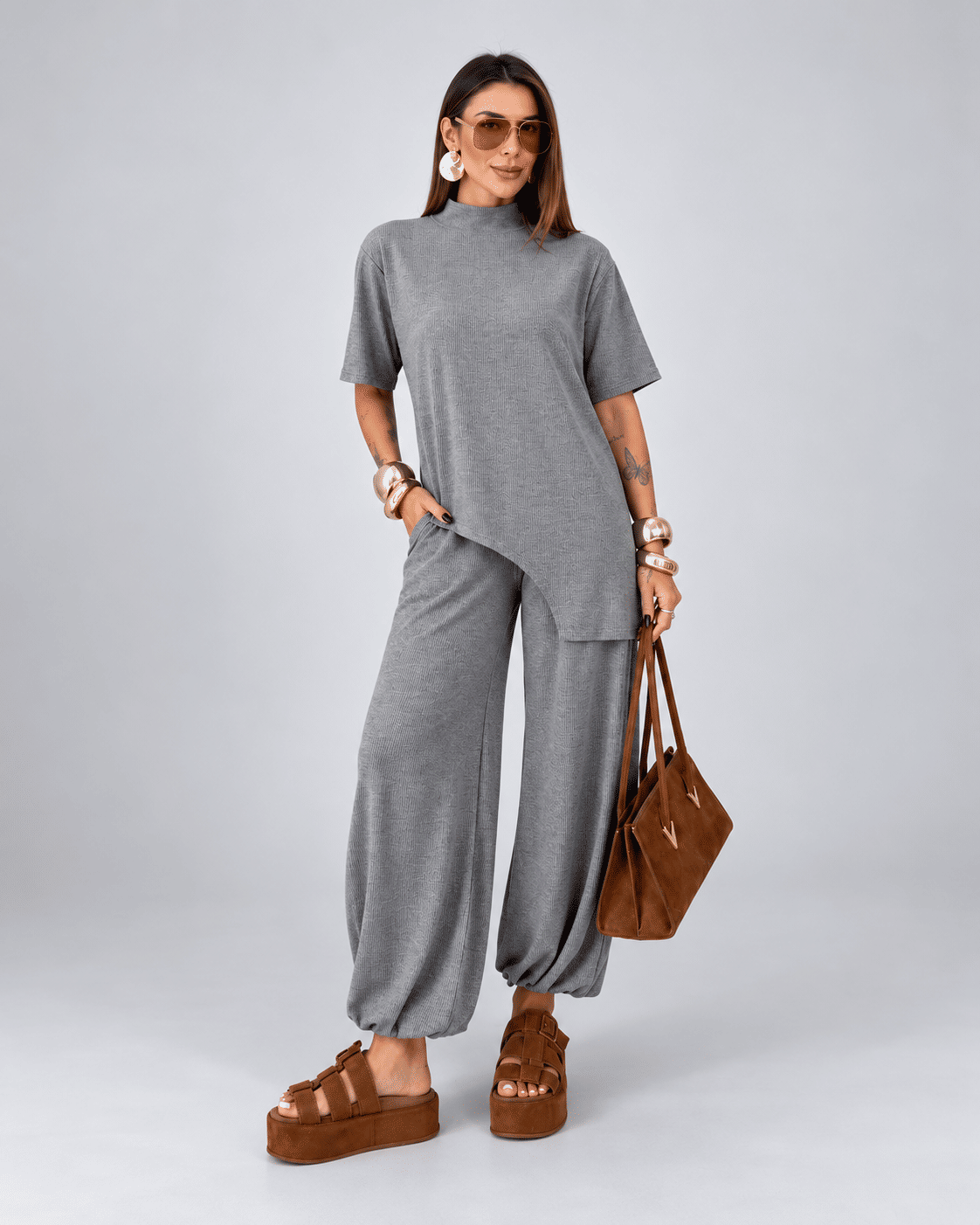 Conjunto Carolla em viscolycra cinza mescla
