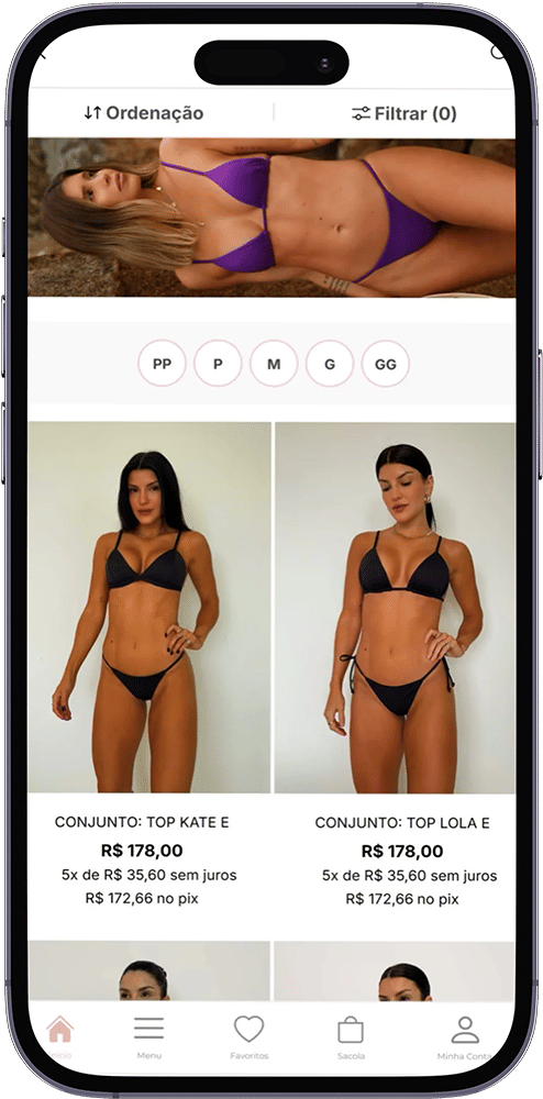 Aplicativo Vibe Bikinis em um celular